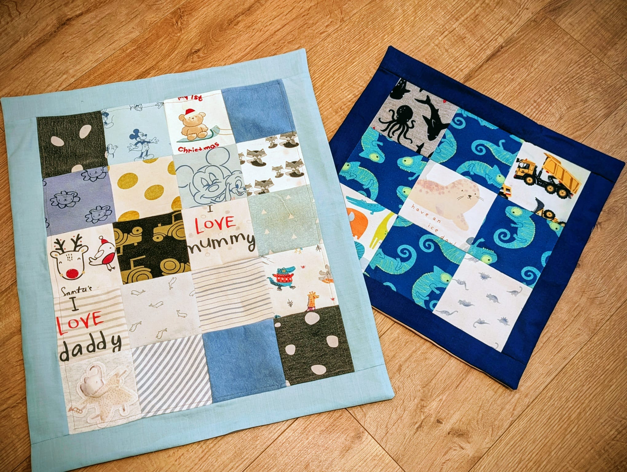 Two patchwork blankets side by side in light blue and navy