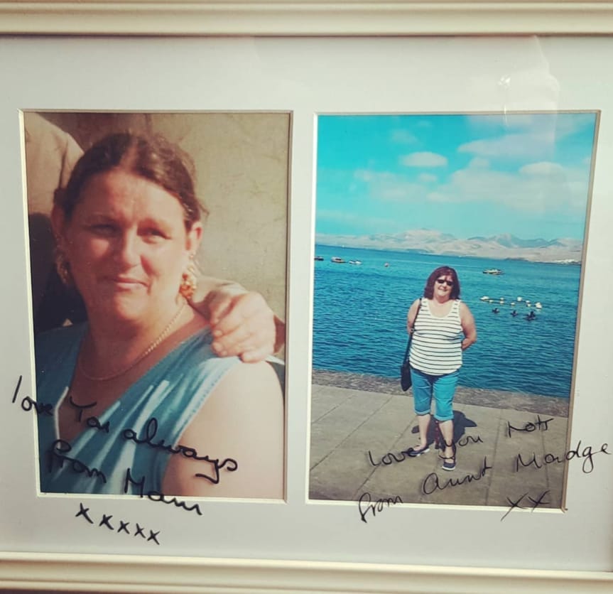 Framed memorial photos with handwritten messages